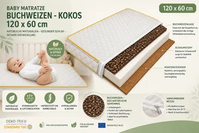 Produktbild von Babymatratze 120x60 cm Buchweizen Kokos – Orthopädische Kindermatratze aus Schaumstoff, Atmungsaktiv, Waschbarer Bezug, Wendematratze, 10 cm Höhe, KI-generiertes Bild