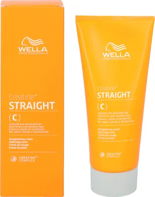 A box and a tube of Wella Creatine+ Straight hair straightening cream are shown against a white background.