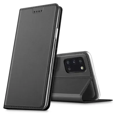 A dark gray flip case for a smartphone is shown, with the phone partially inserted and its rear camera visible.