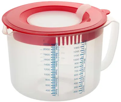 Produktbild von Dr. Oetker Mess- und Rührbecher 2,2 L, Messbecher mit unterschiedlichen Messskalen, Rührbecher mit Spritzschutz, Becher aus hochwertigem Kunsstoff (Farbe: Rot/Transparent)