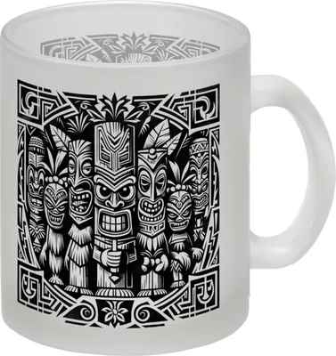Produktbild von Glastasse mit Tiki Figuren, satiniert, 300 ml Fassungsvermögen, 9 cm Höhe