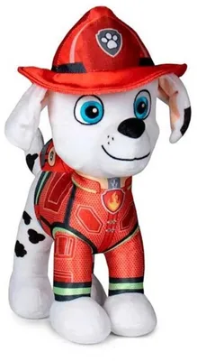 A plush toy of Marshall from Paw Patrol, dressed as a firefighter.