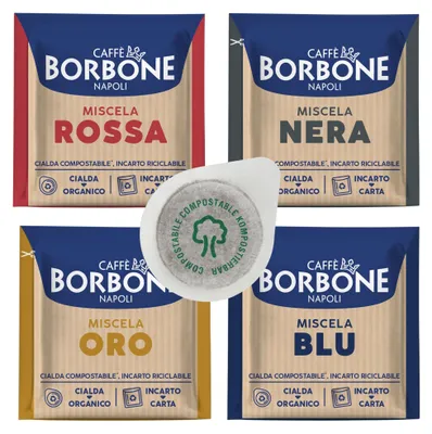 Produktbild von Caffè Borbone E.S.E. Pads 44mm Probierset – 200 Stück (4x50) – Miscela Oro, Blu, Nera, Rossa – Italienischer Espresso, Kompostierbar