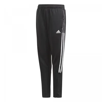 A pair of black Adidas track pants with white stripes on the side.