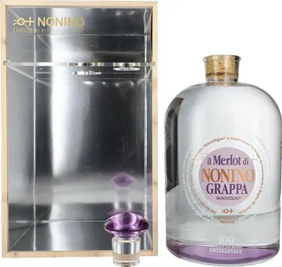 Produktbild von Nonino Grappa Monovitigno il Merlot 41% Vol. 6,3l in Holzkiste mit Dosierpumpe
