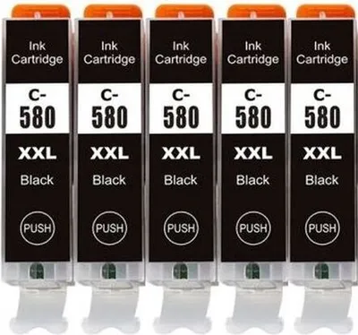 Produktbild von 5 x Druckerpatrone kompatibel mit Canon PGI-580 PGBK XXL MIT CHIPS und Füllstandsanzeige für Canon Pixma TR7500, TR7520, TR7550, TR8500, TR8520, TR8550, TS6100, TS6150, TS6151, TS6200, TS6220, TS6240, TS6241, TS6250, TS6251, TS6300, TS6350, TS6351, TS705, TS8100, TS8120, TS8150, TS8151, TS8152, TS8200, TS8220, TS8240, TS8241, TS8242, TS8250, TS8251, TS8252, TS8300, TS8350, TS8351, TS8352, TS9100, TS9120, TS9150, TS9155, TS9500, TS9520, TS9521 C, TS9540, TS9541 C, TS9550, TS9551 C