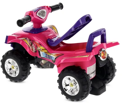 A pink toy quad bike on a white background.