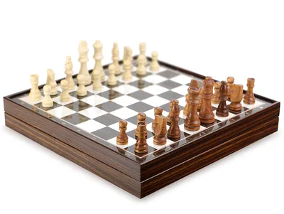 A chess set with pieces arranged on the board, ready for play.