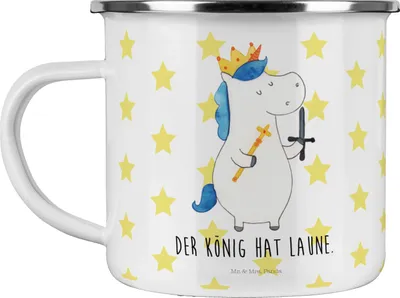 Produktbild von Mr. & Mrs. Panda Teetasse Einhorn König mit Schwert - Weiß - Geschenk, Einhörner, Pott, Unicorn, Emaille Becher, Tasse, Outdoor, Mittelalter, Ritter