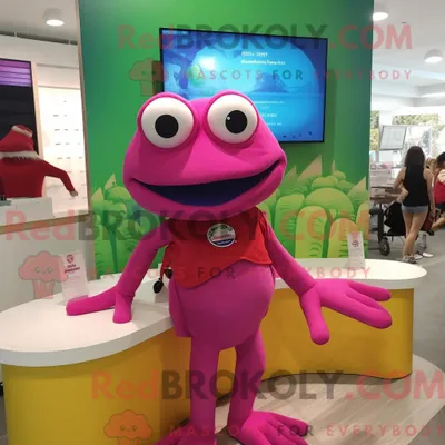 Produktbild von Maskottchen REDBROKOLY eines magentafarbenen Frosches mit Badebekleidung und Armbanduhren