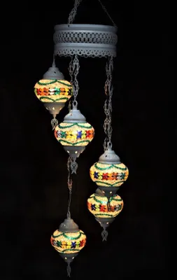 Produktbild von Hanglamp aus buntem Glas mit 5 Mosaik-Kugeln, orientalische marokkanische Deckenleuchte in Cremeweiß