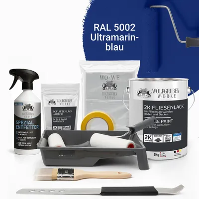 Produktbild von WO-WE Komplettset 2K Fliesenlack Renovierungsset für Küche, Badezimmer, Wand- & Bodenfliesen Ultramarinblau 5Kg