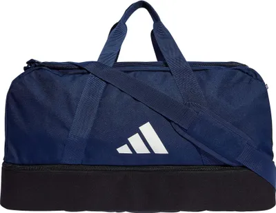 A blue Adidas duffel bag with a black bottom section and the Adidas logo.