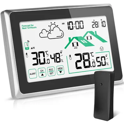 Immagine prodotto di Stazione meteorologica wireless con sensore esterno, previsioni del tempo/termometro/stazione meteorologica wireless/orologio digitale/touchscreen LCD/orologio radio DCF per il monitoraggio della temperatura e dell'umidità, sia all'interno che all'esterno – colore nero