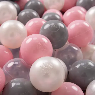 Zdjęcie produktu dla KiddyMoon plastikowe piłeczki 7cm perła-szary-transparent-pudrowy róż 100 zabawka zestaw kulek