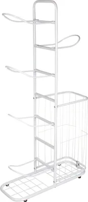 A white metal sports equipment stand with multiple tiers and a basket on the side.