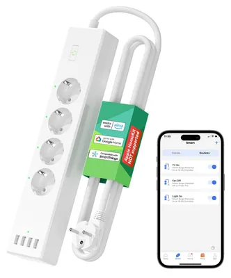 Produktbild von Meross WLAN Steckdosenleiste Überspannungsschutz 4-Fach Smart Mehrfachsteckdose Wandmontage mit 4 USB, kompatibel mit Alexa und Google Home, Zeitschaltuhr, Sprachsteuerung und Fernbedienung