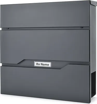A dark gray mailbox is shown against a light gray background.