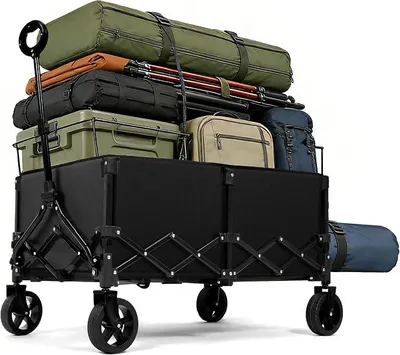 Obrázek produktu pro Skládací vozík s objemem 165 litrů – karavan vhodný pro kempování, s nosností 136 kg, skládací plážový vozík s otočnými koly o 360°, vhodný pro kempování, nákupy a pláž, barva: černá