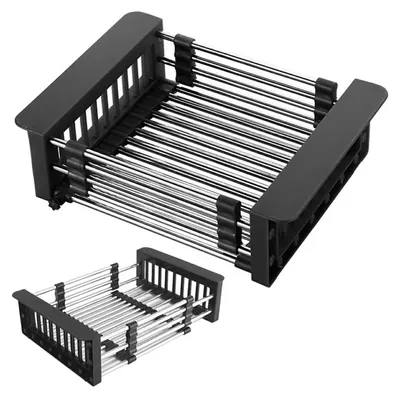 A black and silver adjustable dish drying rack is shown from a slightly elevated angle, with a smaller version of the same product in the bottom left corner.