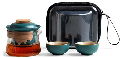 Produktbild von Tragbares Teeservice aus grünem Porzellan mit Glas-Teekanne und Infusor, Mini 1 Kanne 2 Tassen für Erwachsene
