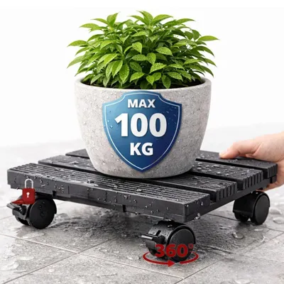 Produktbild von Pflanzenroller quadratisch 28cm WPC Blumenroller Pflanzentrolley Holzoptik outdoor 2 Bremsen stabil bis 100 kg belastbar