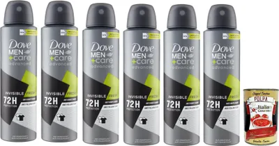 Produktbild von Dove Men+care advanced Invisible Fresh Anti-Perspirant, Deo für Männer,mit 1/4 Feuchtigkeitscreme, hautfreundliche Formel, 72 Stunden, 6x 150ml + Italian Gourmet polpa 400g
