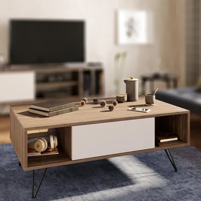 Produktbild von Skye Decor, Moderner Couchtisch mit Metallbeinen, Walnuss und Weiß, 120 x 60 x 45,6 cm | 100% melaminbeschichtete Spanplatte, 18 mm dick | Wandmontage möglich, zahlreiche Regale.