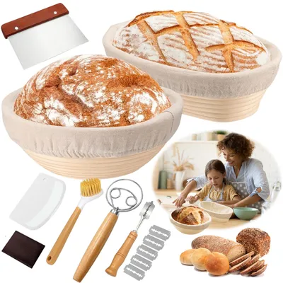 Produktbild von Juksun Gärkörbchen Set 2-teilig Rattan rund 23cm oval 25cm mit Leinentuch für Brotbacken