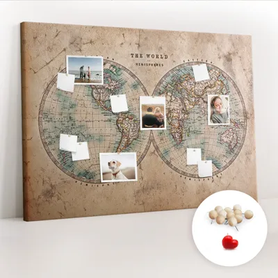 Obrázek produktu pro Korková nástěnka s kolíčky - Tabule s kolíky pro fotografie a poznámky - 140x100 cm - Připínáčky dřevěné 100 kusů - Mapa světa