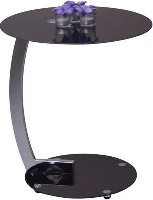 A modern side table with a black glass top and a chrome-plated curved stand.