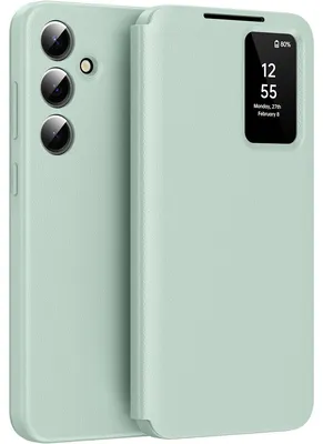 Produktbild von Leder Flip Case für Samsung Galaxy S24 FE, Smart View Fenster Handyhülle mit Kartenfach Grün