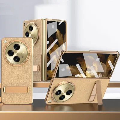 Produktbild von Handyhülle für OnePlus Open / Oppo Find N3 mit Displayschutz, Luxus Galvanisieren Litschi-Haut Ständer Hülle Gold