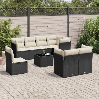 Produktbild von Design 9-tlg. Garten-Sofagarnitur mit Kissen Schwarz Poly Rattan, Gartenmöbel-Sets 2024 Neu