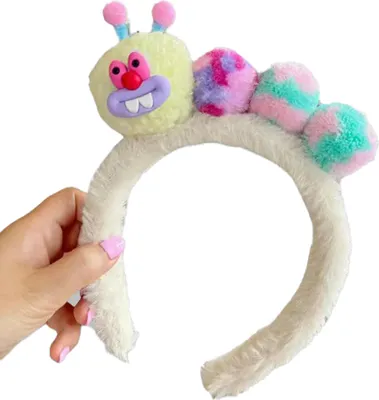 Produktbild von Raupen-Haarreif für Mädchen, flauschig, Cartoon-Form, kräftige Farben, Make-up-Reinigung, Gesicht, Haargummi, Haarstyling-Accessoire