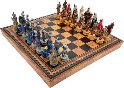 Produktbild von Italienisches Schachset Schachfiguren König Artus + Schachbrett Lederoptik Weltkarte 35