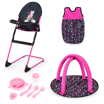 Produktbild von Bayer Design 63280AC Puppenhochstuhl, Spielbogen, Puppenschlafsack und Puppenzubehör für Rollenspiele der Kinder, Spielset ab 3+ Jahren