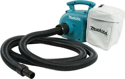 A teal Makita vacuum cleaner with a black hose and a white dust bag is shown against a white background.