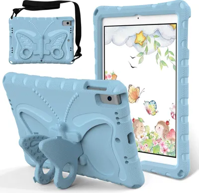 Produktbild von Kinder Hülle für iPad Air 2019/Air 3rd Gen/iPad Pro 10,5, iPad 10,2 2021/2020/2019 Leicht Stoßfeste EVA Kindgerechtes Schutzhülle mit Schultergurt, Schmetterlings-Ständer Hellblau