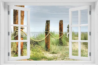 Produktbild von Wallario Wandbild mit Fenster-Illusion: Düne am Strand mit Holzpfahl, Größe: 61 x 91,5 cm, Poster mit rahmenlosen Bildhalter