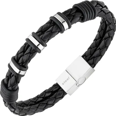 Produktbild von Armband Armschmuck für Herren 2-reihig Leder schwarz mit Edelstahl 21cm