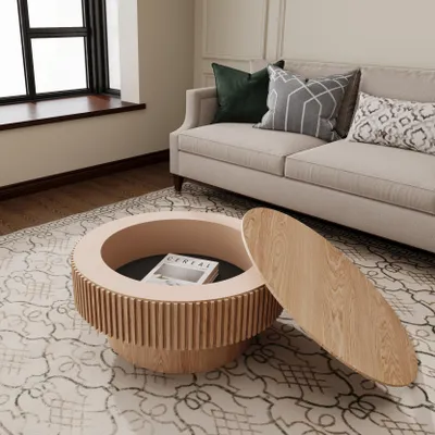 Produktbild von 75 cm runder Couchtisch mit Stauraum, moderner Couchtisch mit Massivholz-Furnier, dekorativer Teetisch für Wohnzimmer, Schlafzimmer, Wohnung oder Büro