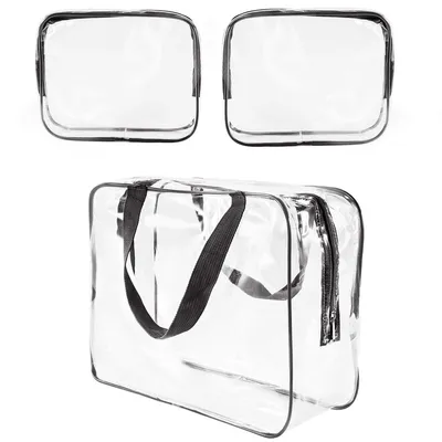 Produktbild von Kulturbeutel transparent 3 Stück, Flugzeug PVC Kosmetiktasche wasserdicht Make-up Tasche Kosmetikbeutel durchsichtig Reise Set Kulturtasche für Männer, Frauen, Kinder, Familie (Klein, Medium, Groß)