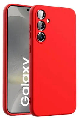 A red phone case is shown with a phone inside, displaying the word 'Galaxy'.