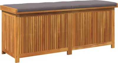 A wooden storage bench with a gray cushion on top, shown against a white background.