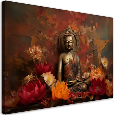 Produktbild von Leinwandbild Meditierender Buddha und farbenfrohe Blumen 100x70 Feeby Rot bild für die wand bereit zum aufhängen