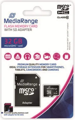 Produktbild von MediaRange micro SDHC Speicherkarte mit SD Adapter 32GB - Geschwindigkeit Klasse 10, Lesegeschwindigkeit bis 45 MB/s, externer Datenspeicher für mobile Endgeräte wie Digitalkameras oder Smartphones