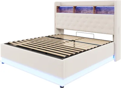 Zdjęcie produktu dla Łóżko tapicerowane Fortuna Lai LED 180 x 200 cm, tapicerowane łóżko z miejscem do przechowywania, z portem USB i hydraulicznym schowkiem, przyjazna dla skóry tkanina lniana, beżowe