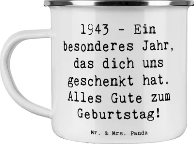 Produktbild von Mr. & Mrs. Panda Pott Spruch 1943 Geburtstag - Weiß - Geschenk, historisches Jahr, Alter, Haferl, Emaille Tasse, Geburtstagsgeschenk, Geburtsjahr, emaillebecher, becher