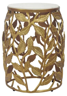 Gesamtansicht des Beistelltisches Gold mit runder Marmorplatte und filigraner Alu-Manschette mit Blattmotiven.